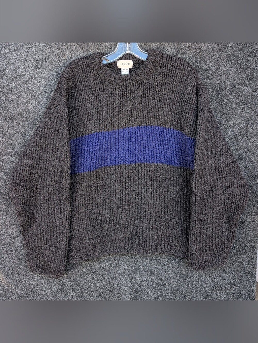 Vtg J Crew Sweater Large Gray Hand Knit Wool Stripe Fisherman Crew Oversized